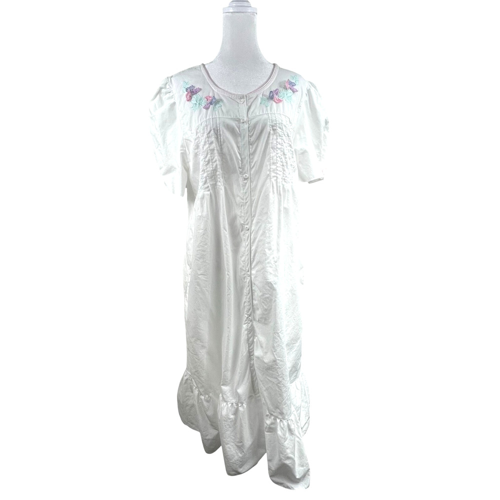 VTG Cotton White Maxi Dress Prairie Embroidered Tiered Boho Cottagecore Hippy